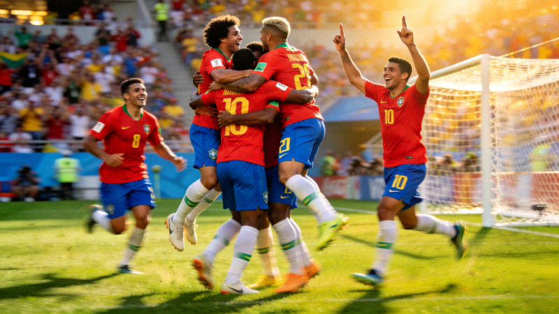 巴西国家足球队在绿茵场上庆祝进球的精彩瞬间